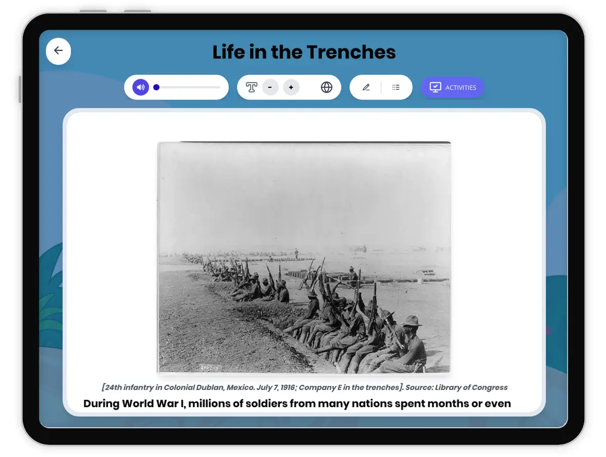 Interactive — Reading Comprehension preview: Life in the Trenches covering  standards - Page 1 of 1