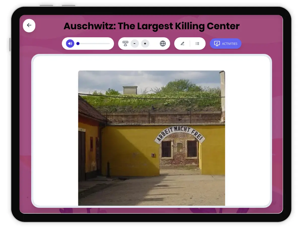 Interactive — Reading Comprehension preview: Auschwitz: The Largest Killing Center covering  standards - Page 1 of 1