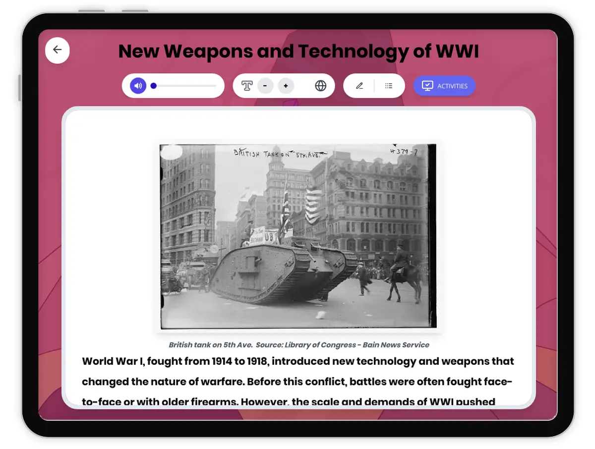 Interactive — Reading Comprehension preview: New Weapons and Technology of WWI covering  standards - Page 1 of 1