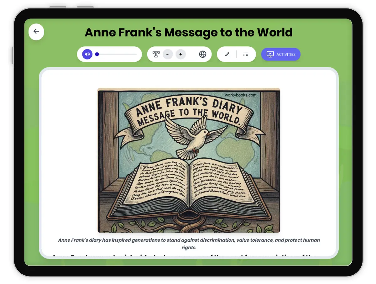 Interactive — Reading Comprehension preview: Anne Frank's Message to the World covering  standards - Page 1 of 1