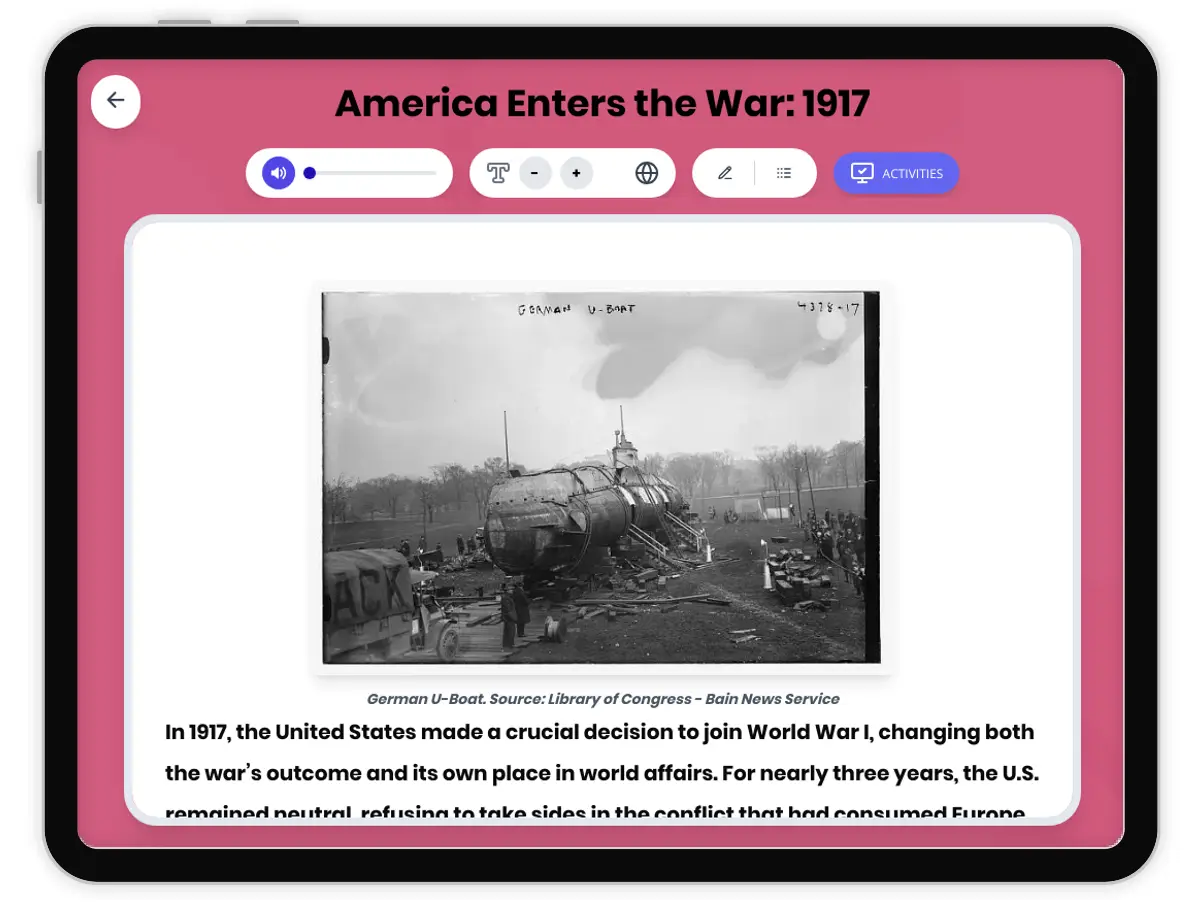 Interactive — Reading Comprehension preview: America Enters the War: 1917 covering  standards - Page 1 of 1
