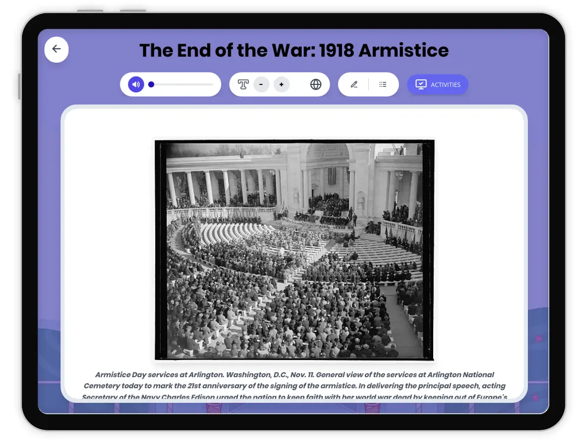 Interactive — Reading Comprehension preview: The End of the War: 1918 Armistice covering  standards - Page 1 of 1