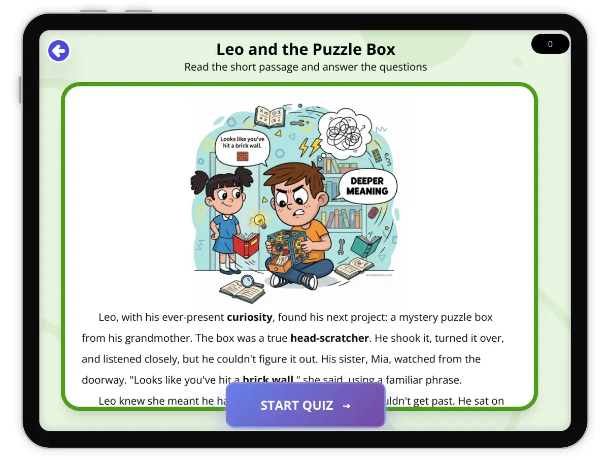 Interactive — Reading Comprehension preview: Leo and the Puzzle Box  covering  standards - Page 1 of null