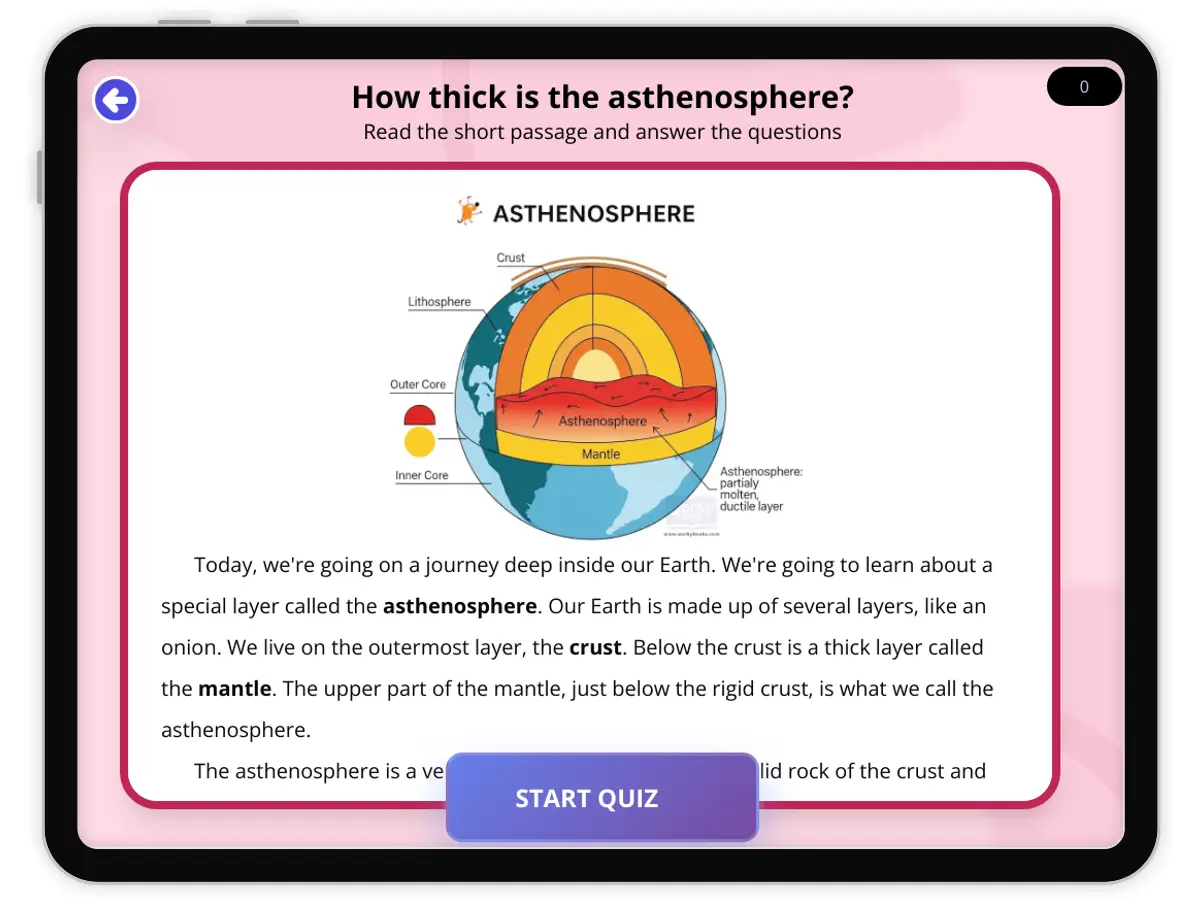 Interactive — Reading Comprehension preview: How thick is the asthenosphere? covering  standards - Page 1 of null