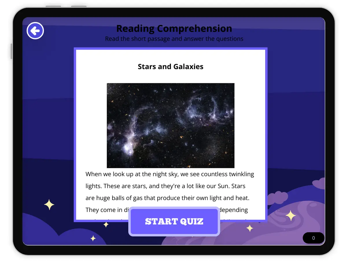 Interactive — Reading Comprehension preview: Stars and Galaxies covering RI.4.4, RI.4.2 standards - Page 1 of null