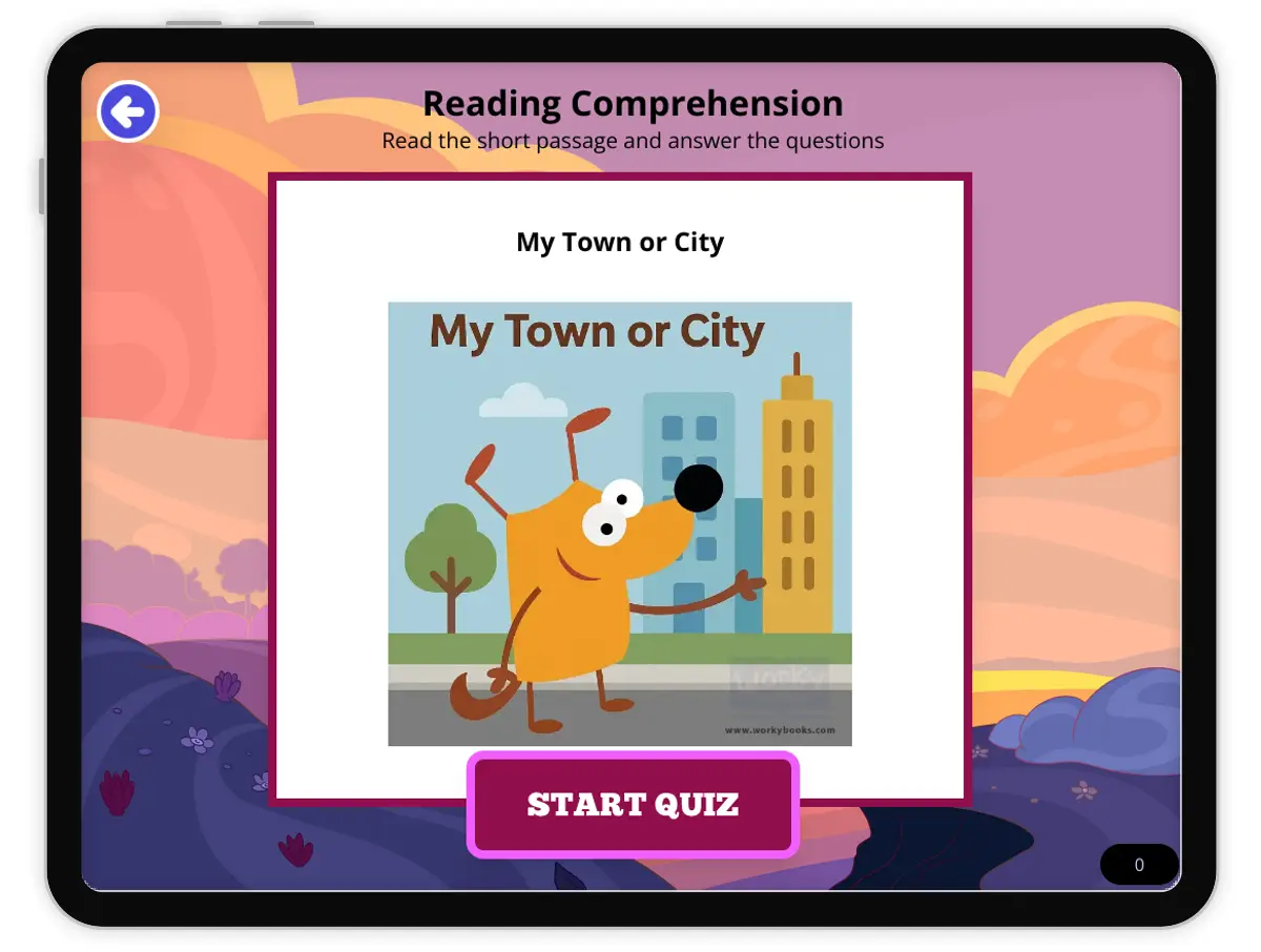 Interactive — Reading Comprehension preview: My Town or City covering FL.SS.2.G.1.1, SS.2.G.1.2 standards - Page 1 of null