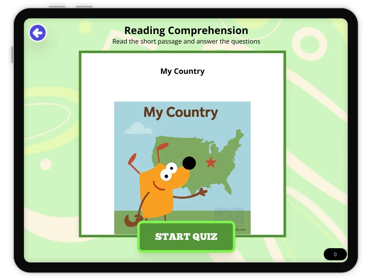 Interactive — Reading Comprehension preview: My Country covering FL.SS.2.G.1.1, SS.2.G.1.3 standards - Page 1 of null