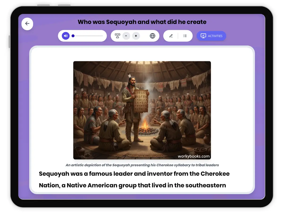 Interactive — Reading Comprehension preview: Who was Sequoyah and what did he create covering  standards - Page 1 of 1