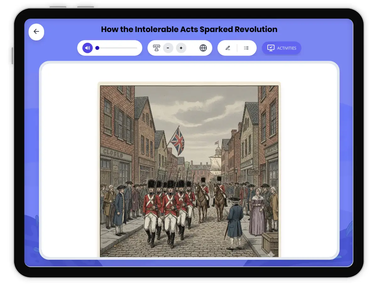 Interactive — Reading Comprehension preview: How the Intolerable Acts Sparked Revolution covering  standards - Page 1 of 1