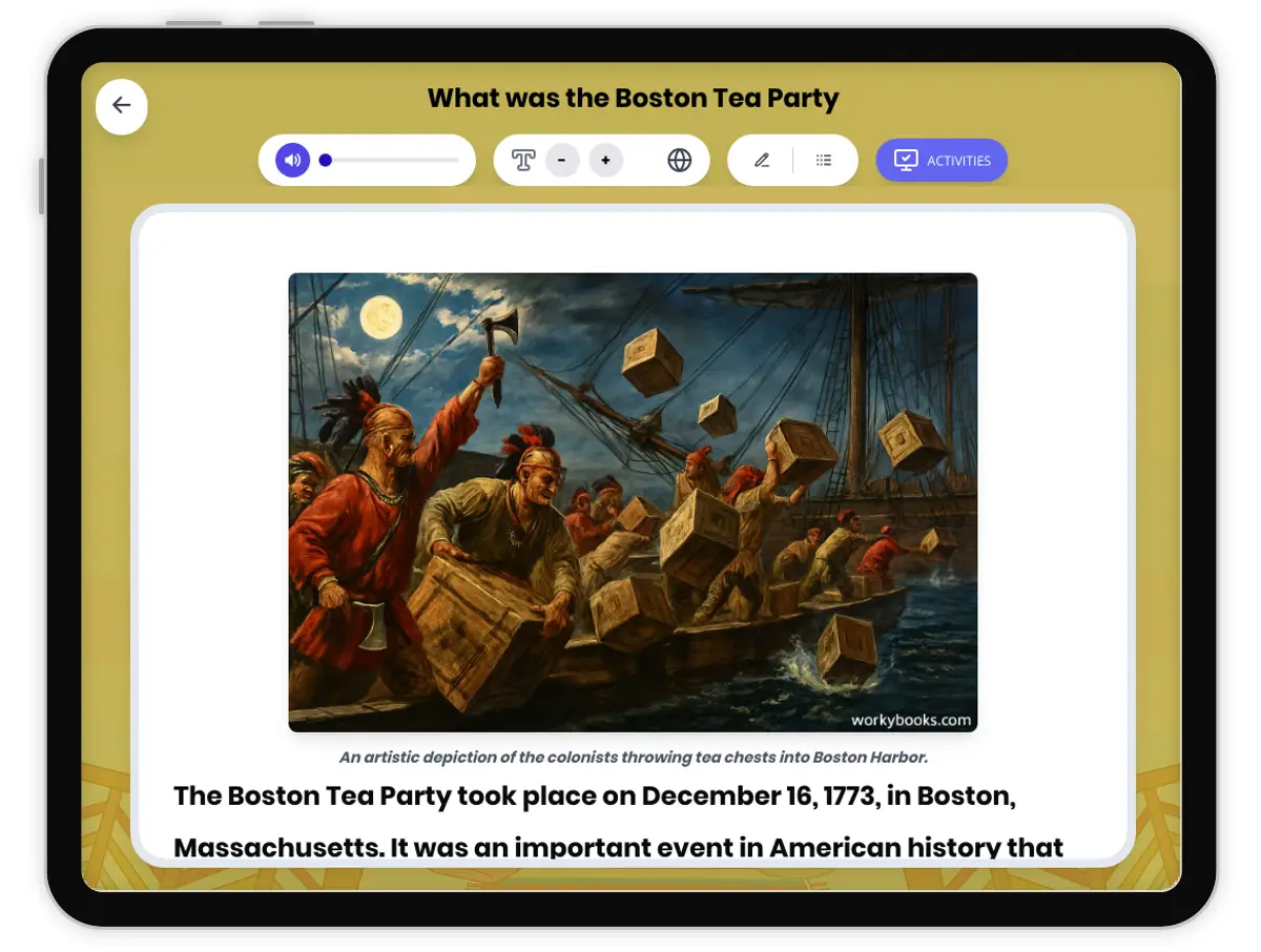 Interactive — Reading Comprehension preview: What was the Boston Tea Party covering  standards - Page 1 of 1