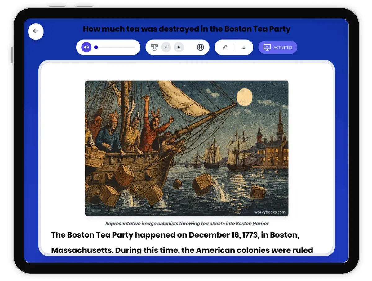 Interactive — Reading Comprehension preview: How much tea was destroyed in the Boston Tea Party covering  standards - Page 1 of 1