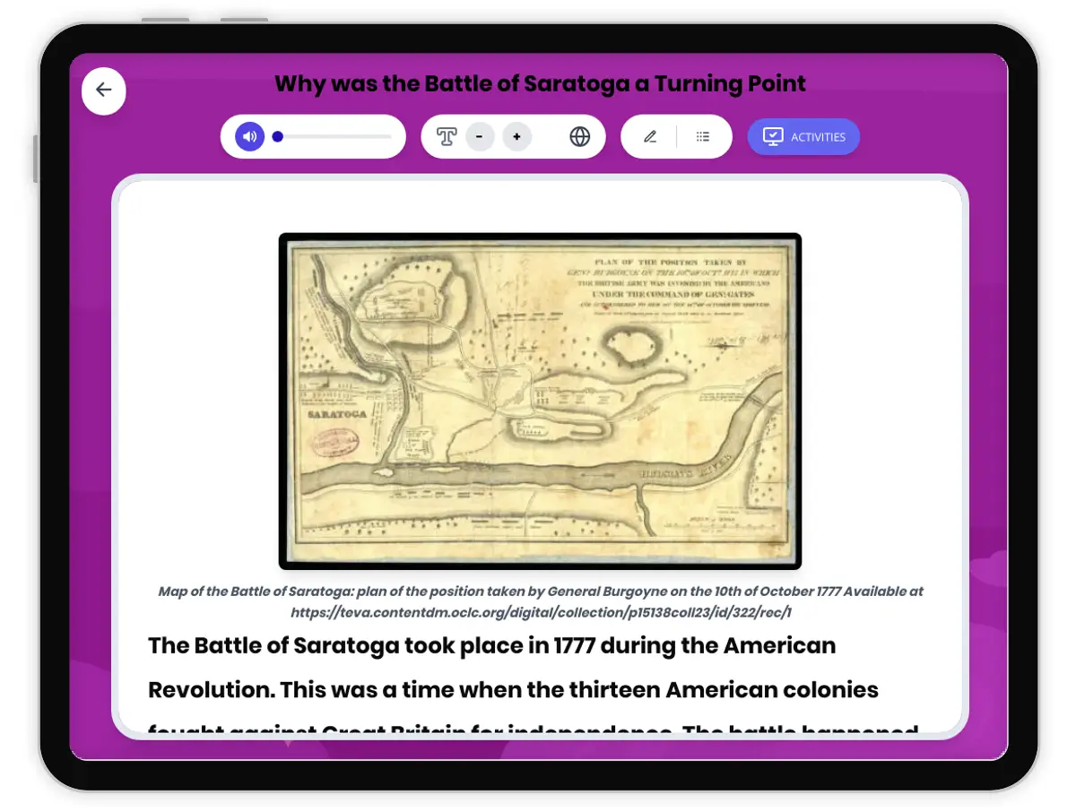 Interactive — Reading Comprehension preview: Why was the Battle of Saratoga a turning point covering  standards - Page 1 of 1