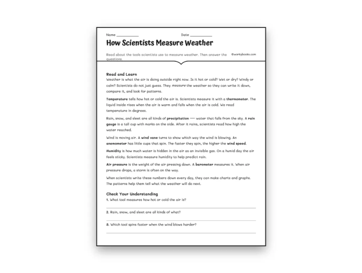 Worksheet preview: How Scientists Measure Weather - Page 1 of null