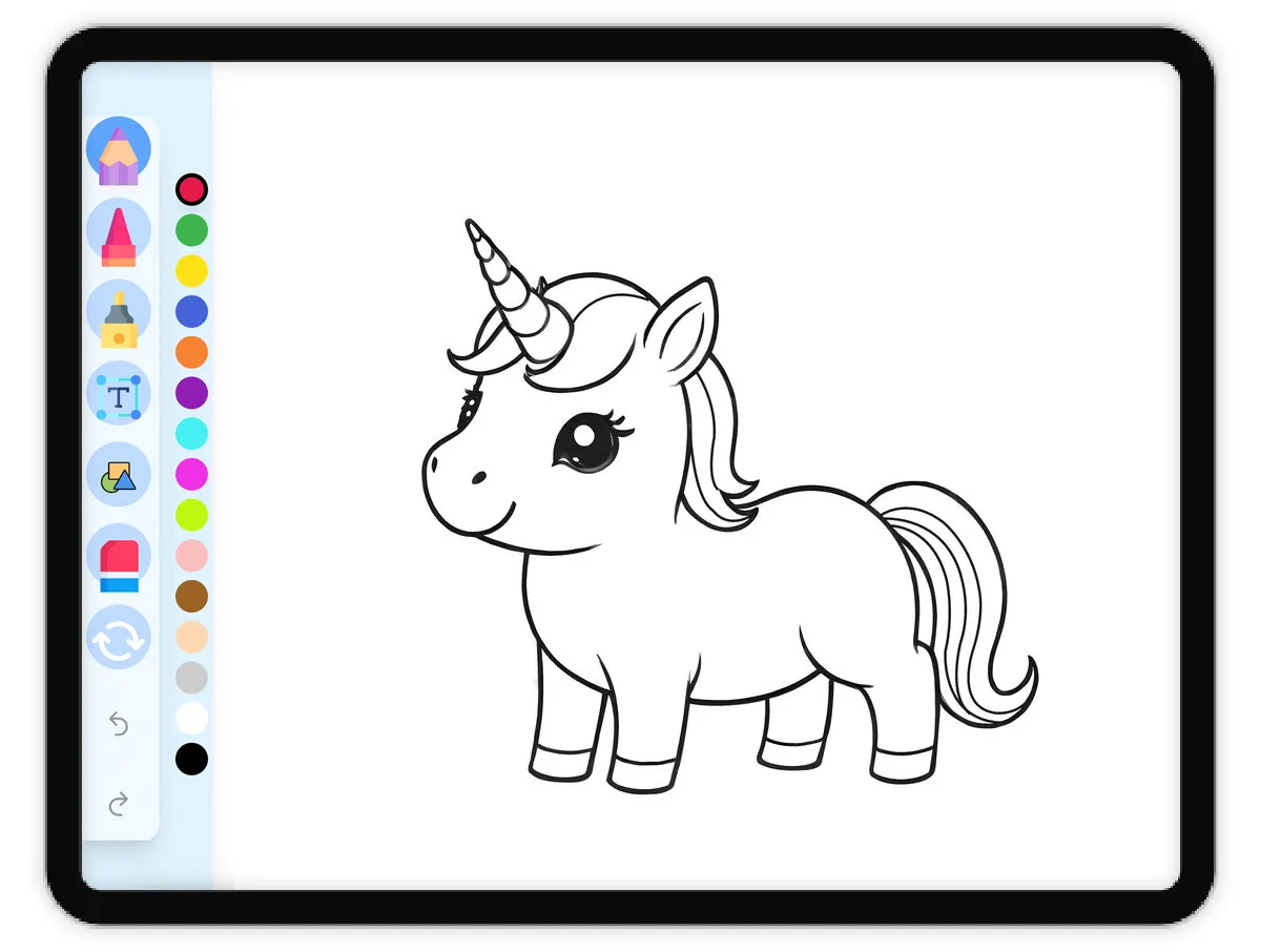 Interactive coloring page preview: Kawaii Unicorn with Upturned Nose - A fun educational coloring activity - Page 1