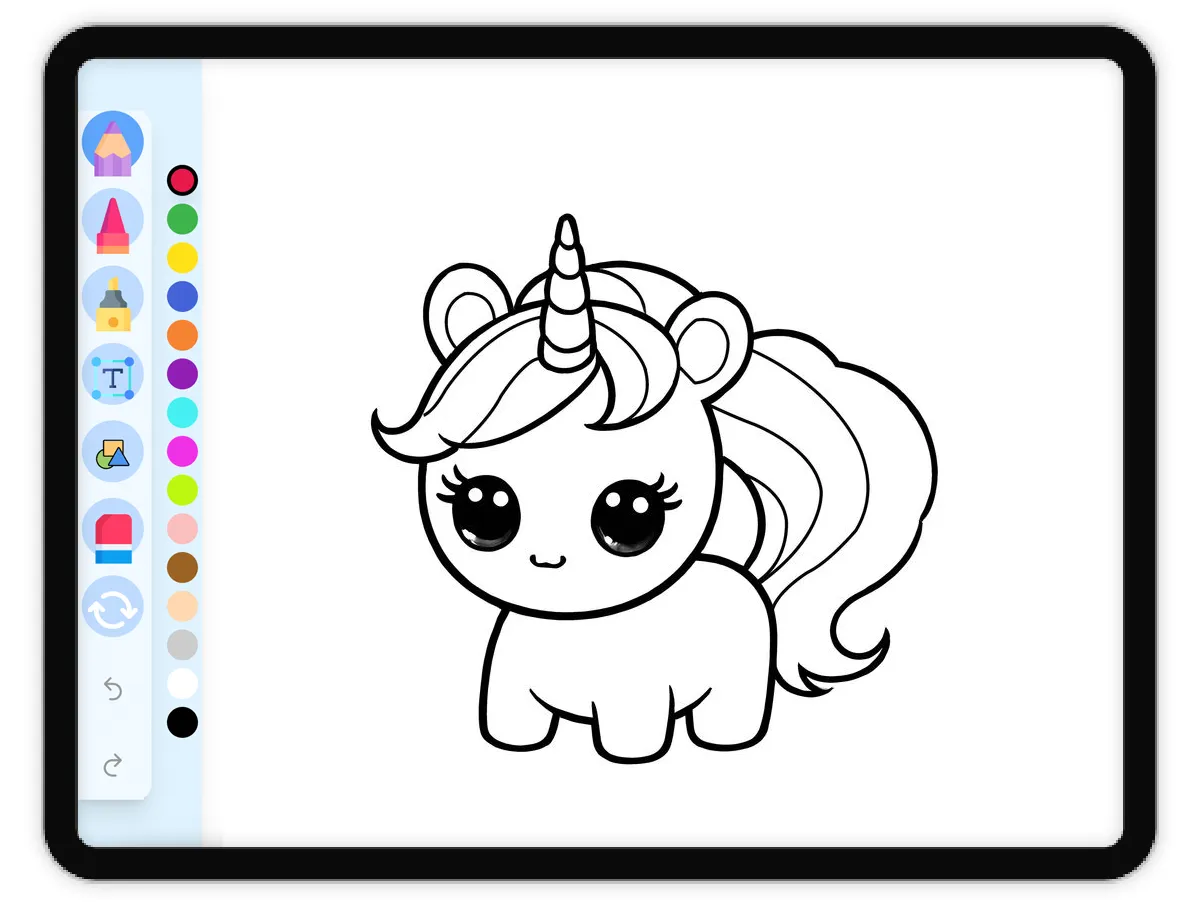 Interactive coloring page preview: Kawaii Unicorn With Rounded Horn - A fun educational coloring activity - Page 1
