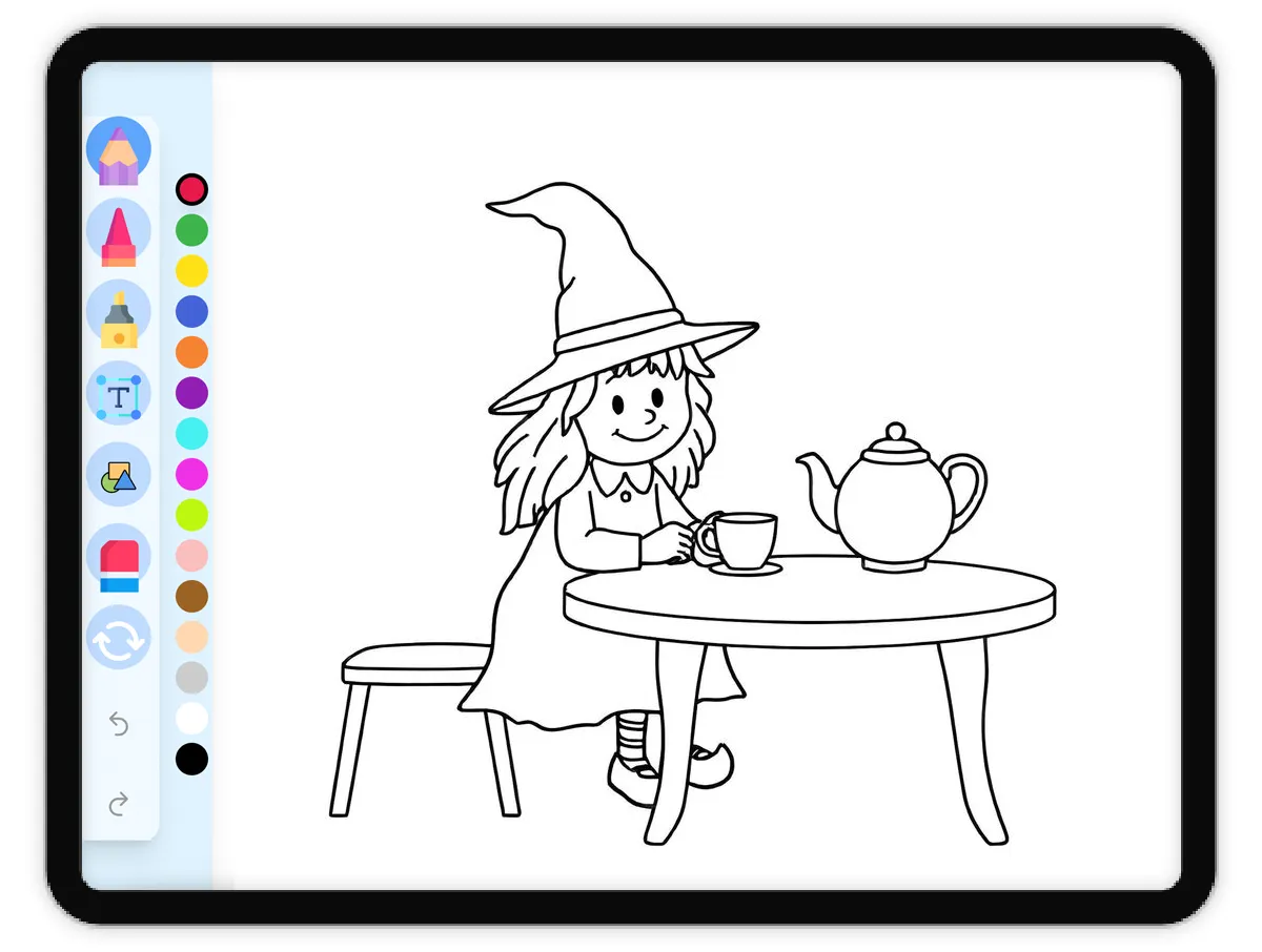 Interactive coloring page preview: Witch Having a Tea Party - A fun educational coloring activity - Page 1