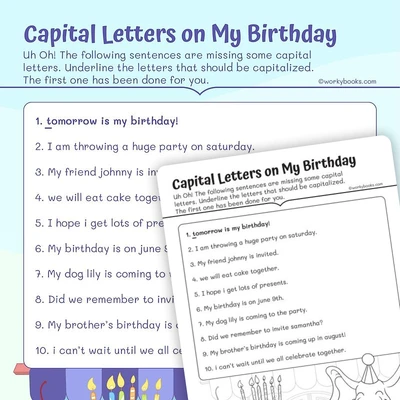 Capital Letters on My Birthday—Capitalization - worksheet educational content