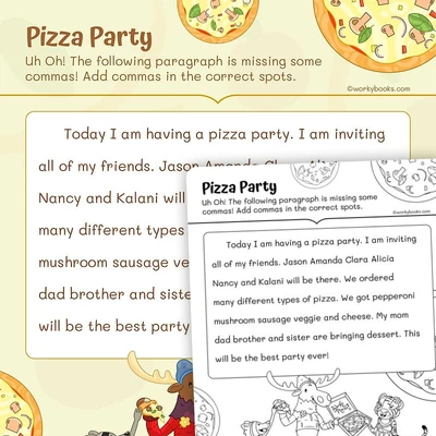 Pizza Party—Comma Practice - worksheet educational content
