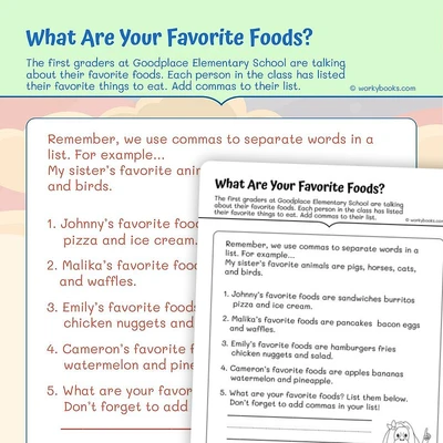 What Are Your Favorite Foods?  Comma Practice - worksheet educational content
