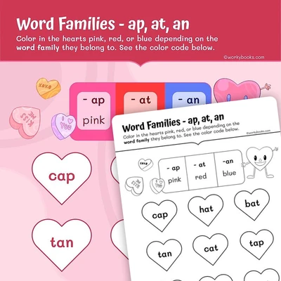 Valentine's Day Word Families — ap, at, an - worksheet educational content