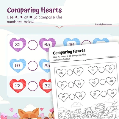 Comparing Numbers —Hearts - worksheet educational content