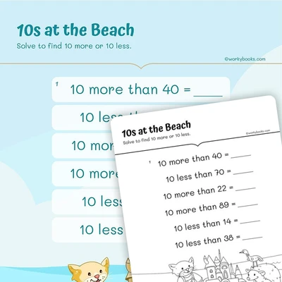 Adding and Subtracting 10s at the Beach - worksheet educational content