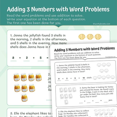 Adding 3 Numbers with Word Problems - worksheet educational content