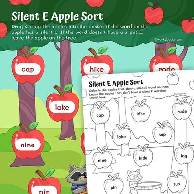 Silent E Apple Sort - worksheet educational content