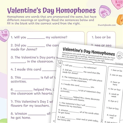 Valentine's Day Homophones - worksheet educational content
