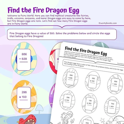 Add and subtract within 1000—Dragon Egg - worksheet educational content