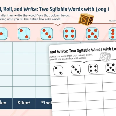 Read, Roll, and Write: Two—Syllable Words with Long I - worksheet educational content