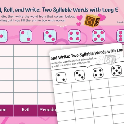 Roll and Read Two—Syllable Words with Long E - worksheet educational content