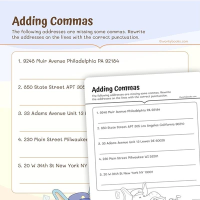 Adding Commas - worksheet educational content