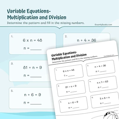 Variable Equations— Multiplication and Division - worksheet educational content