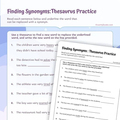 Finding Synonyms: Thesaurus Practice - worksheet educational content