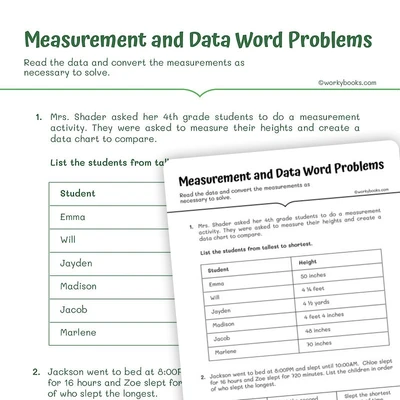 Measurement and Data Word Problems - worksheet educational content