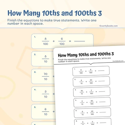 4th Grade Tenths and Hundredths Equivalent Fractions - worksheet educational content