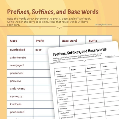Prefixes, Suffixes, and Base Words - worksheet educational content