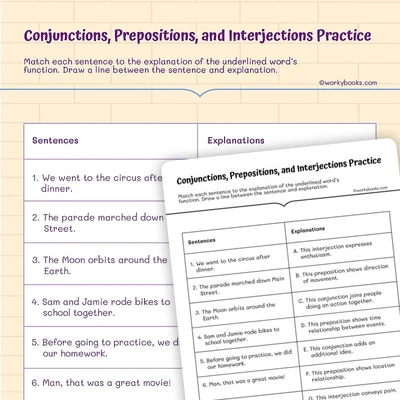 Conjunctions, Prepositions, and Interjections Practice - worksheet educational content