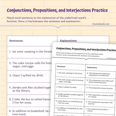 Prepositions and Interjections - worksheet educational content