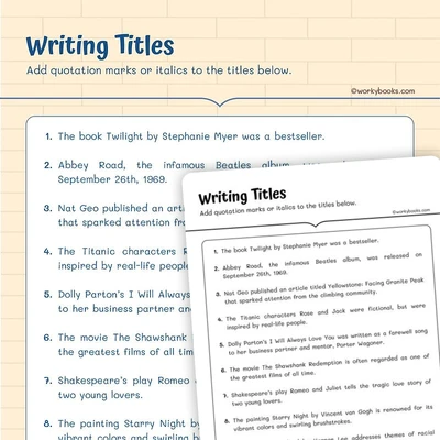 Writing Titles with Punctuation - worksheet educational content