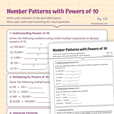 Number Patterns with Powers of 10 - worksheet educational content