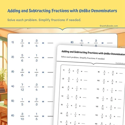 Adding Subtracting Fractions with Unlike Denominators 2 - worksheet educational content