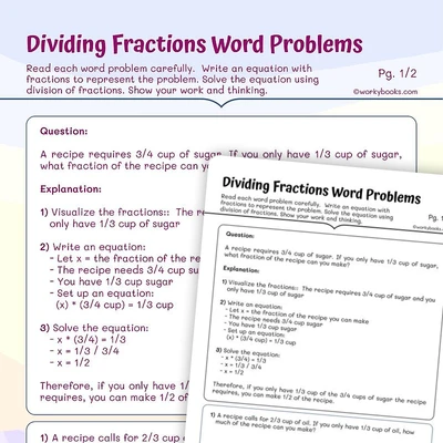Dividing Fractions Word Problems - worksheet educational content