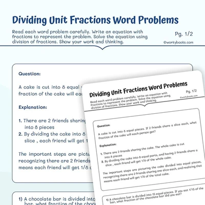 Dividing Unit Fractions Word Problems - worksheet educational content