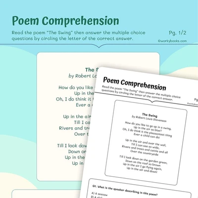 The Swing by Robert Louis Stevenson—Poem Comprehension - worksheet educational content