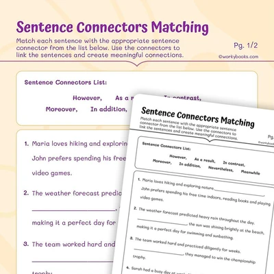 Sentence Connectors Matching - worksheet educational content
