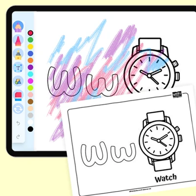 W for Watch - Everyday Objects - coloring educational content
