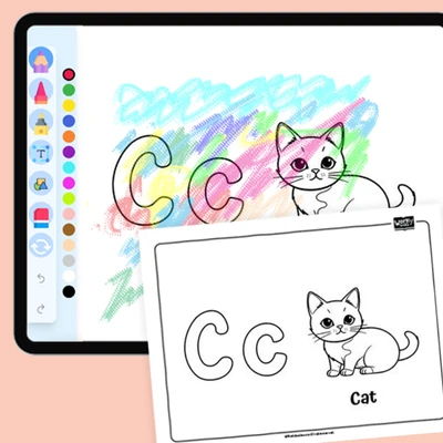 Curious Cat, Alphabet C - coloring educational content