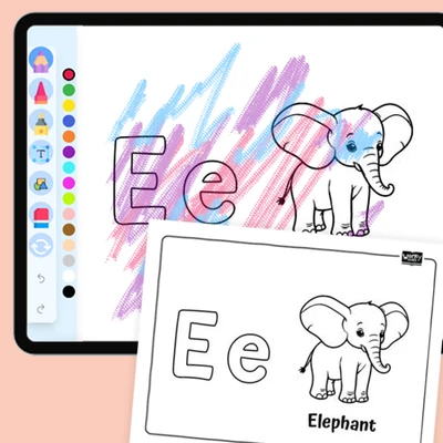 Elegant Elephant, Alphabet E - coloring educational content